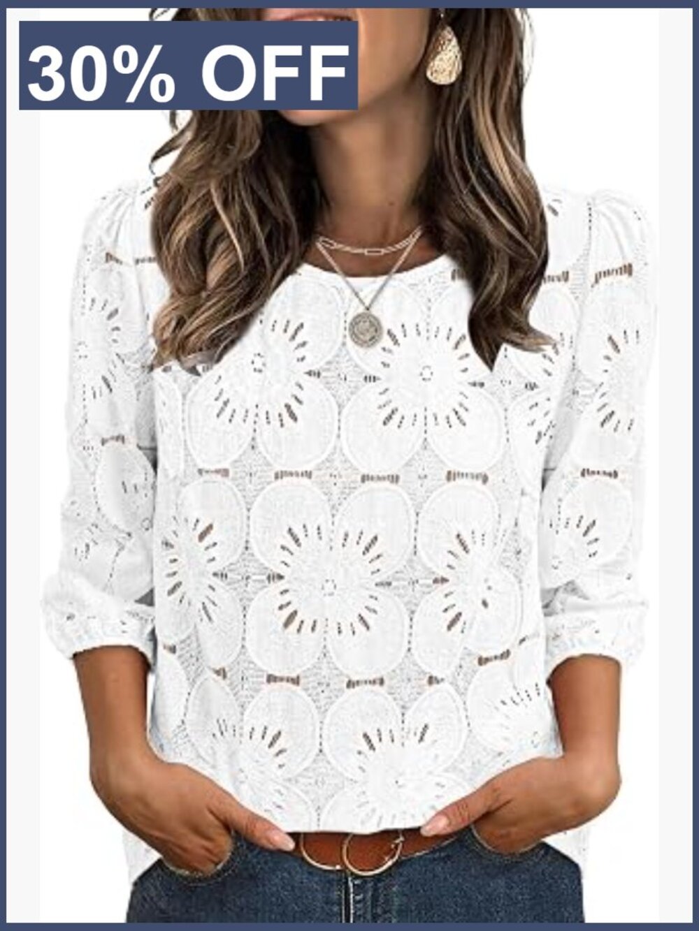 Women's 3/4 Sleeve Eyelet Lace Peasant Blouse Dressy Casual Top - Picture 1 of 7